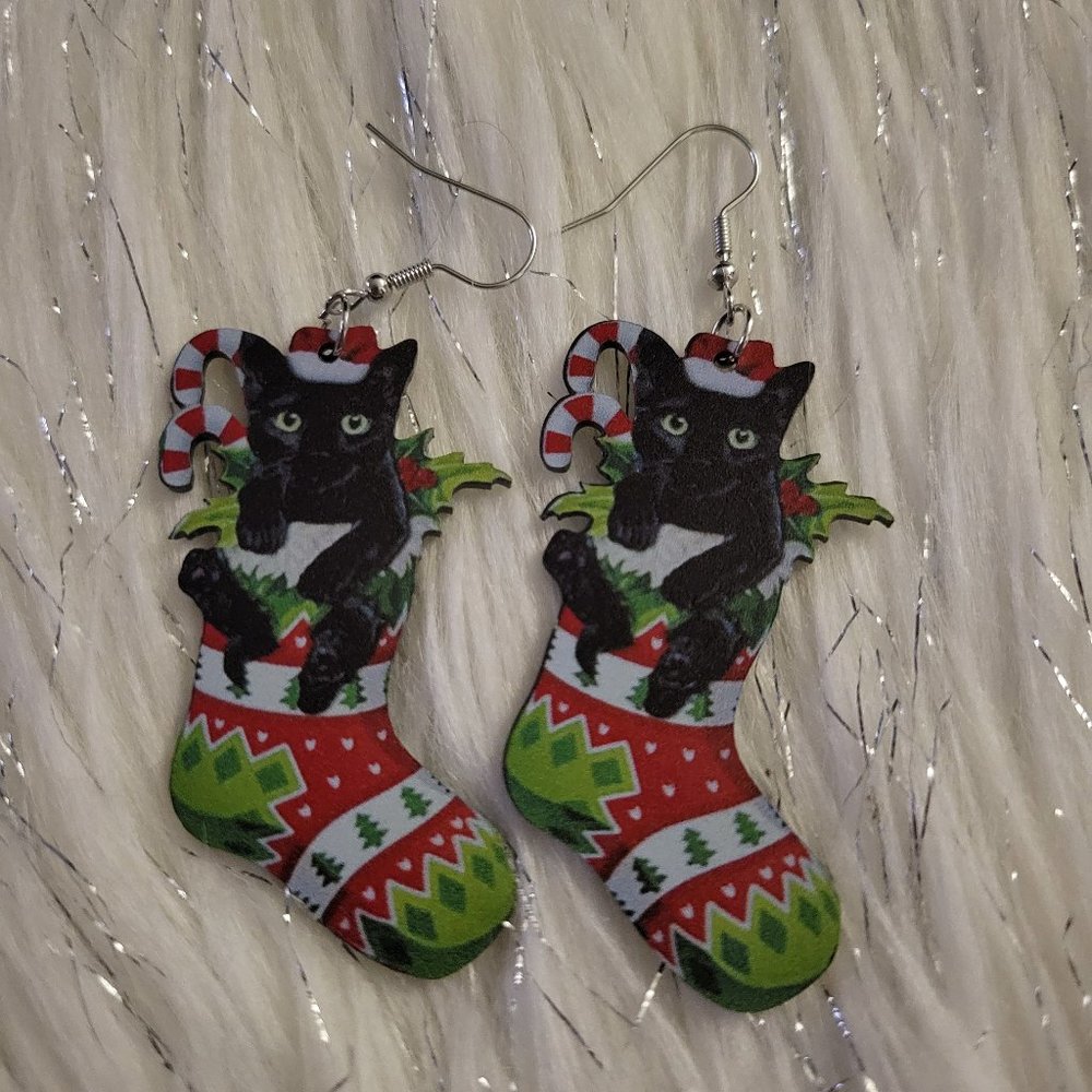 Christmas Stocking Black Cat Fashion Earrings